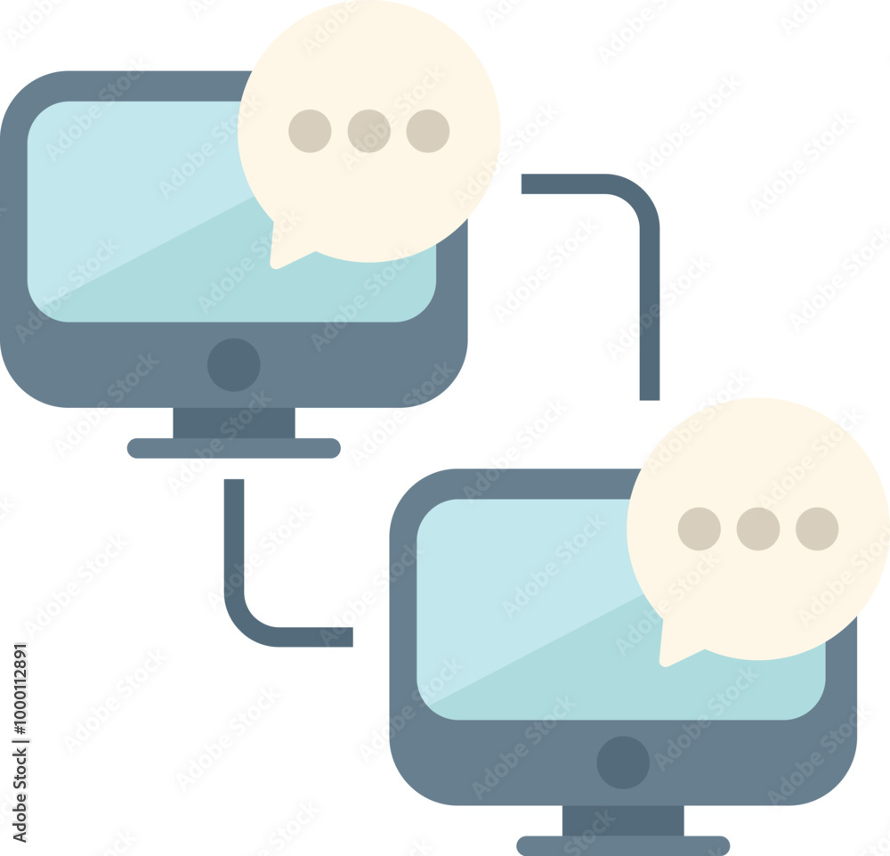 Poster two desktop computers connected and exchanging messages through a network, symbolizing online commun