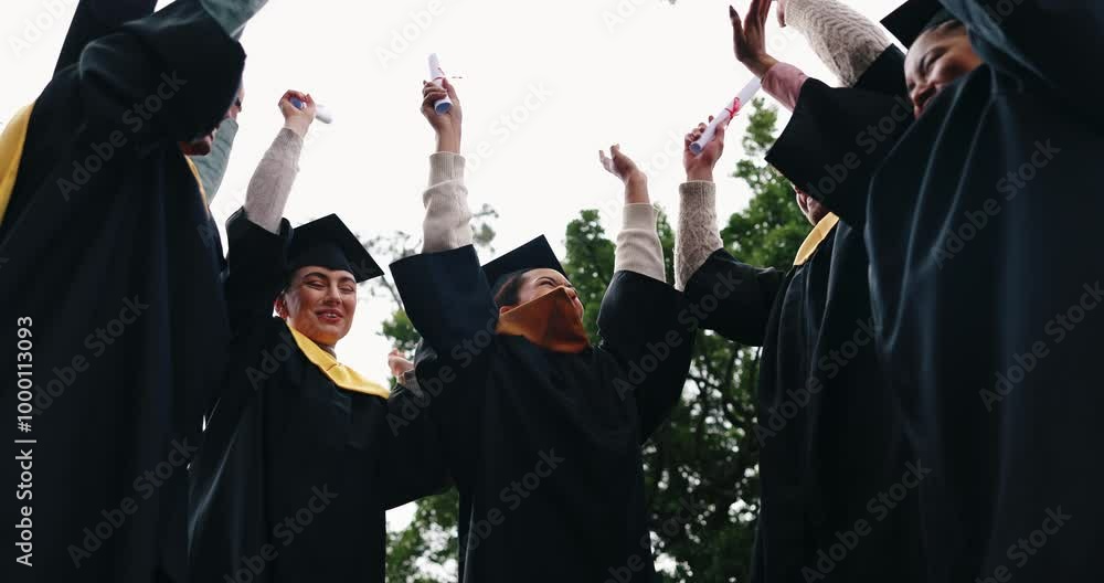 Canvas Prints Certificate, circle and students at graduation celebration with smile, achievement or success in university education. College, friends and excited people on campus with diploma, solidarity and pride