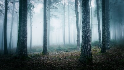 Naklejka premium Forest in fog with mist. Fairy spooky looking woods in a misty day. Cold foggy morning in horror forest