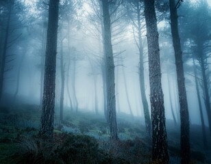 Forest in fog with mist. Fairy spooky looking woods in a misty day. Cold foggy morning in horror forest with trees