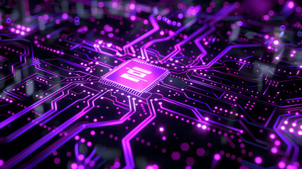 Obraz premium neon circuit board computer technology. digital circuit design with vibrant neon elements on a dark purple background. 
