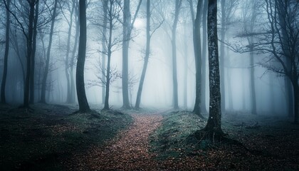 Naklejka premium Forest in fog with mist. Fairy spooky looking woods in a misty day. Cold foggy morning in horror forest