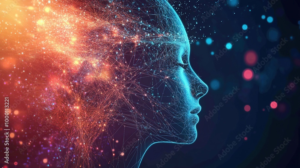Aufkleber artificial intelligence concept with digital neural network and abstract human face
