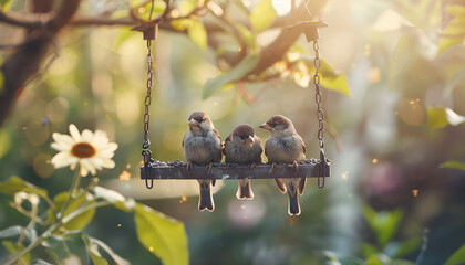 Group of little birds perching on a bird feeder with sunflower seeds
