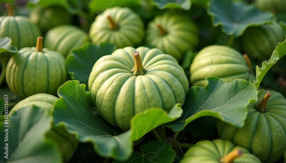 Wall mural  Vibrant green pumpkins in a lush garden