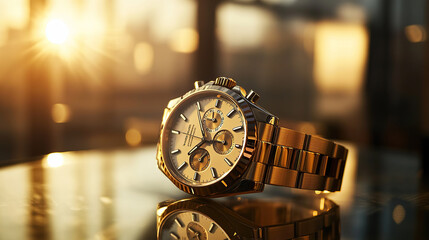 Luxury Watch Glowing in Golden Hour Light Reflection