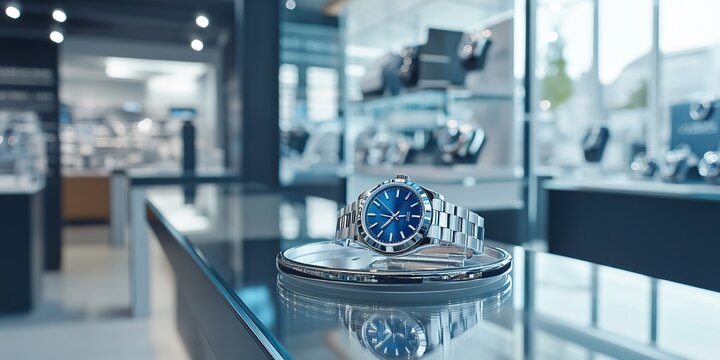 High-End Watch Store with Elegant Blue Timepiece Display