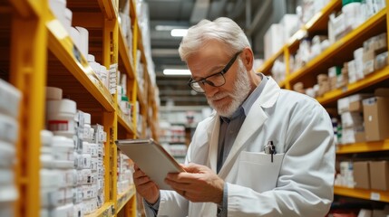 Senior man in lab coat using a tablet in a warehouse.