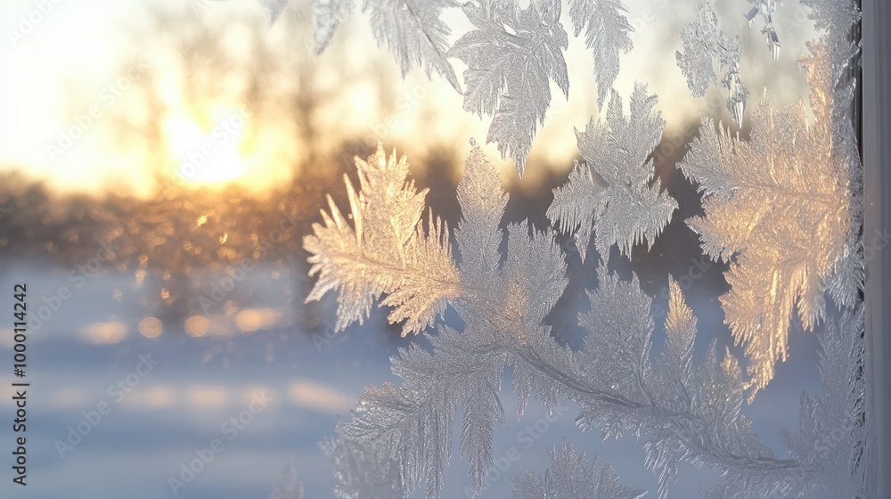 Poster frost creates fascinating patterns on a window in winter