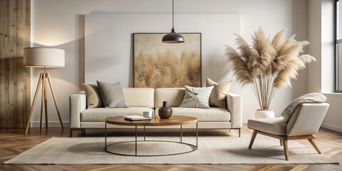 Luxurious White Sofa and Armchair in Modern Living Room Interior - Symmetrical Design with Plush Cushions and Pampas Grass, Warm and Inviting Atmosphere