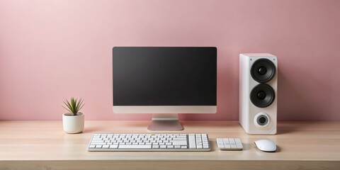 Minimalist Workspace Setup with Computer Monitor, Speaker, and Plant on Desk in Clean, Calm Home Office - Modern Office Design Concept