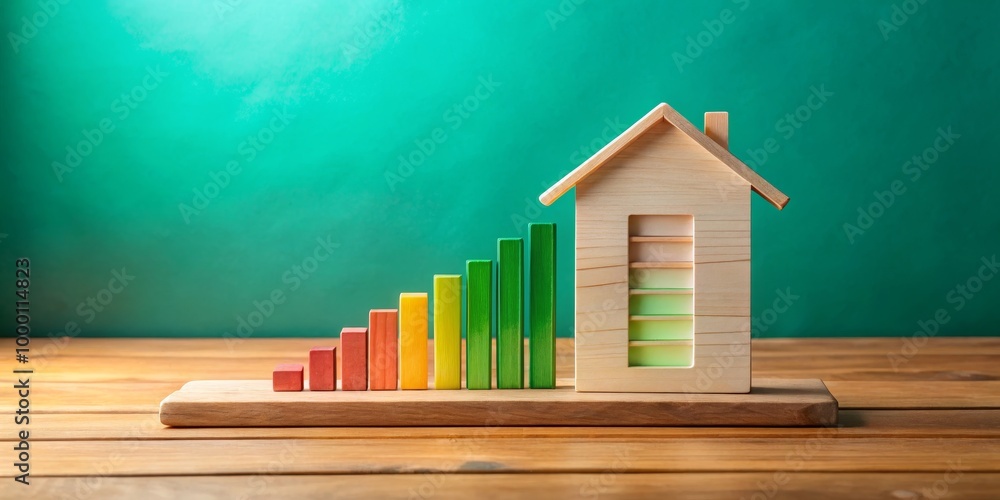 Sticker wooden house model with colorful blocks on natural background - minimalist home improvement concept 