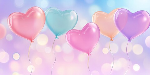 A cartoon art of colorful heart shaped balloons, with a shiny texture, bright and vibrant colors