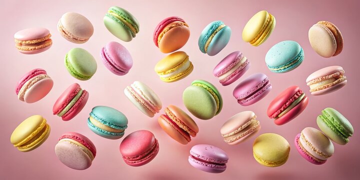 Whimsical Macaron Ballet Pastel Delights Dancing in Air on Pink Canvas - Vibrant, Lighthearted Confectionery Fantasy for Bakery, Events, and Celebrations