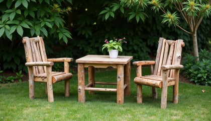  Tranquil garden setting with rustic wooden furniture