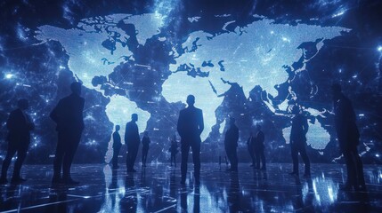 Obraz premium Global business concept, business people standing on world map background. generative ai