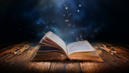 Image of a book on wooden background in a dark space