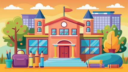 Naklejka premium A cartoon vector of back to school illustration of an old European house on a hill, featuring classic architecture and a residential street view