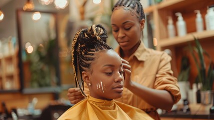 Braiding hair in a salon during a stylish makeover session