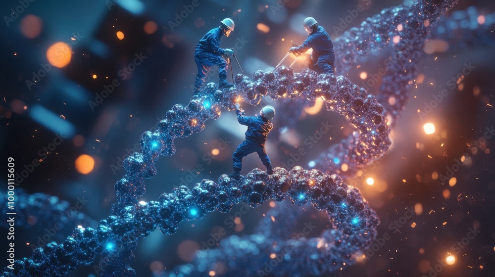 Poster creative scientists working on dna helix in futuristic laboratory with glowing lights and micro tech