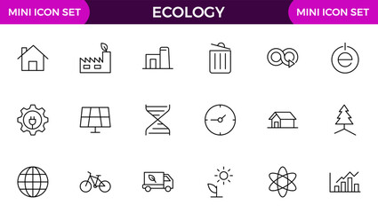 Ecology icon set. Ecofriendly icon, nature icons set. Linear ecology icons. Environmental sustainability simple symbol. Simple Set of Line Icons.Global Warming, Forests, Organic Farming.