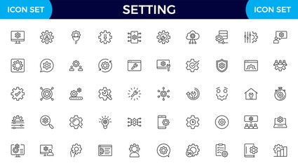 Settings, icon set. Containing options, configuration, preferences, adjustments, operation, gear, control panel, equalizer, management, optimization and productivity icons.