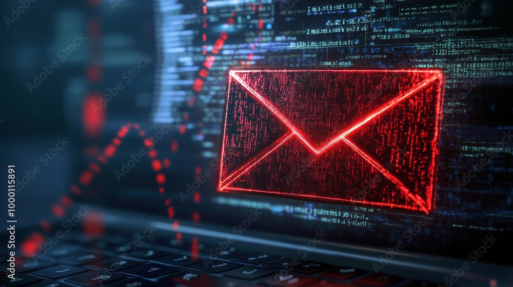 Poster red email icon on laptop screen with code.