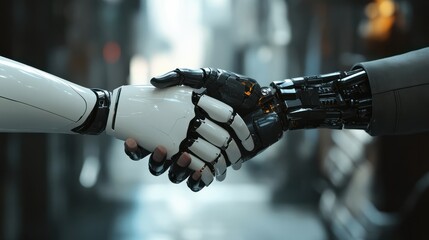 handshake between robot and human partners or friends.