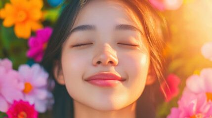 Naklejka premium Serene Young Woman Surrounded by Colorful Flowers