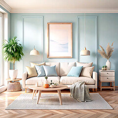 Home mockup, room in light pastel colors, Coastal living room interior background, 3d render, white Mock up frame