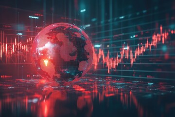 Red Illuminated Globe with Data and Stock Market Charts in Background
