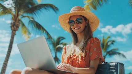 Fototapeta premium Happy young woman with credit card booking vacation at travel agency or making hotel reservation online using laptop computer planning abroad trip at home copy space : Generative AI