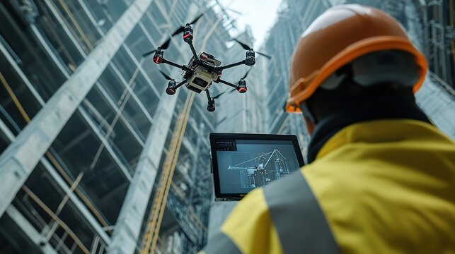 A civil engineer using a drone to inspect the top of a tall infrastructure project, with a screen showing real-time data