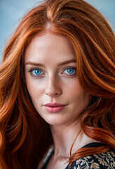 Naklejka premium beautiful woman portrait with red long wavy hairs and blue eyes