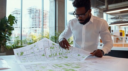 A civil engineer reviewing zoning regulations and project plans for a new urban district with city maps