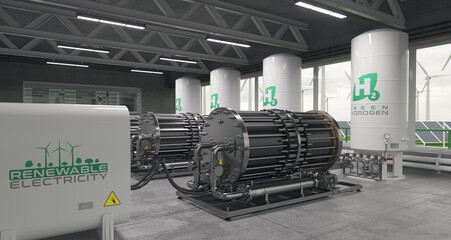 Modern facilities for the production of green hydrogen through advanced electrolysis. Realistic 3D render.