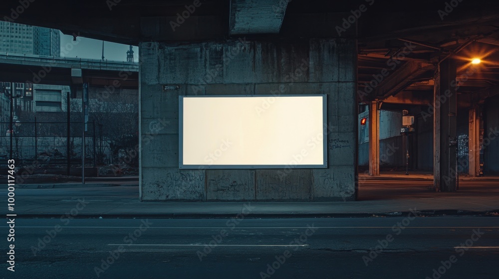 Poster an empty white poster on the side of a gritty downtown overpass, waiting for a message to be display