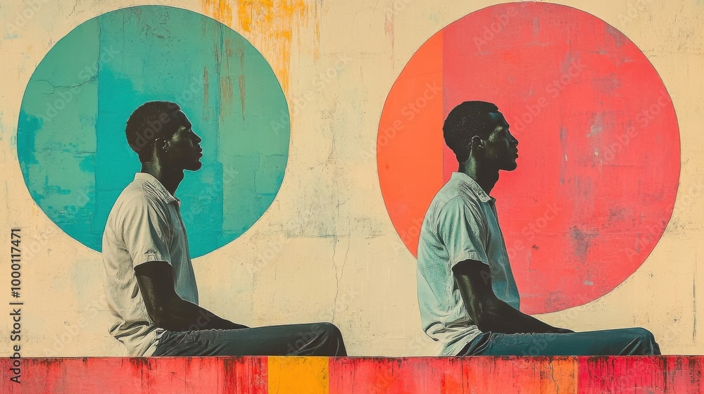 Poster a compelling artwork showing a dual side profile of a man seated against a vibrant geometric backdro