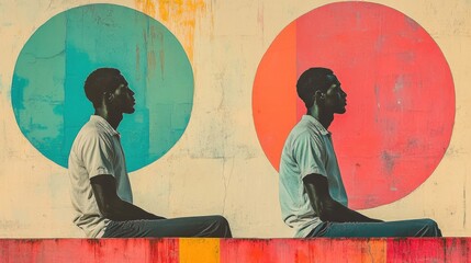 A compelling artwork showing a dual side profile of a man seated against a vibrant geometric backdrop. the contrasting blue and red circular elements create an introspective and artistic scene, ideal