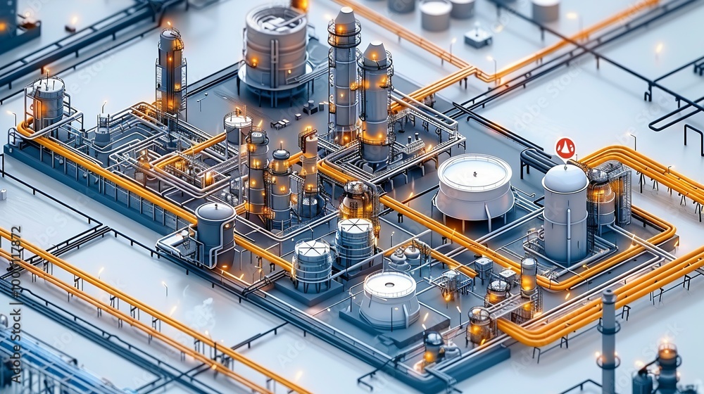 Wall mural Visual guide to the refinery process focusing on catalytic cracking and desulfurization complete with pipelines storage tanks and environmental regulation icons high resolution Illustration, in the