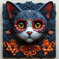 Naklejka premium Sugar Skull Cat Celebrating Dia de Muertos - Day of the Dead Festivities