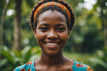 Close portrait of a smiling young Vanuatuan woman looking at the camera, Vanuatuan outdoors blurred background