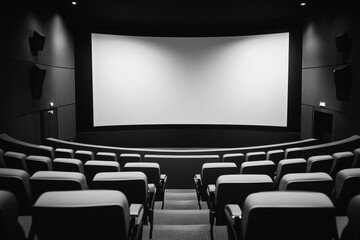 Fototapeta premium Black and white image of an empty cinema theater with rows of seats facing a large blank screen, creating a dramatic and cinematic atmosphere