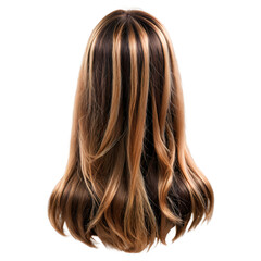 Fototapeta premium This elegant long wig features beautiful brown and blonde highlights, ideal for transforming your hairstyle effortlessly for any event or everyday wear