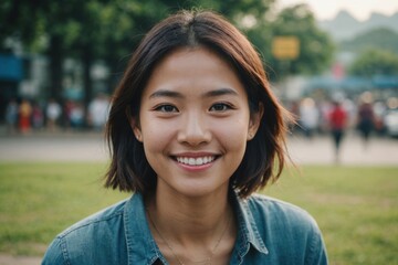 Close portrait of a smiling young Vietnamese woman looking at the camera, Vietnamese outdoors blurred background