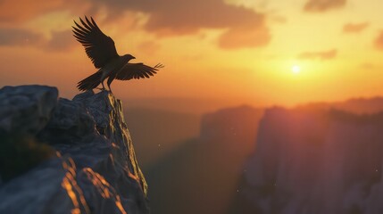 A bird taking flight from the edge of a cliff at sunrise, its wings spread wide, capturing the moment of courage to embark on a new journey.
