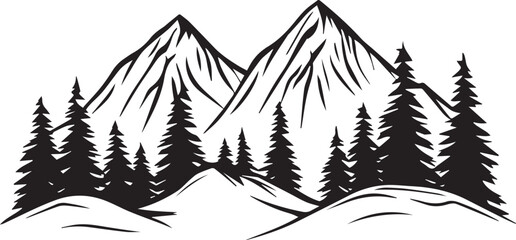 Mountain outline vector with the tree, Mountain range silhouette isolated vector illustration.