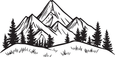 Obraz premium Mountain outline vector with the tree, Mountain range silhouette isolated vector illustration.