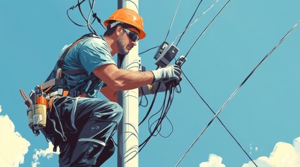An illustration of a professional electrician at a high voltage pole, managing electrical connections with precision and safety gear