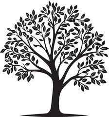 Tree with leaf silhouette drawing sketch, Tree silhouette on white background